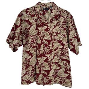 Vintage Faded Glory Tropical Maroon Tan Shirt Short Sleeve Button Up Large